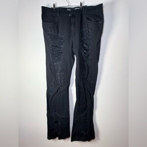 Sparks Men Black Distressed Stretch Flare Jeans Size 38x36 Ripped Raw Hem Denim